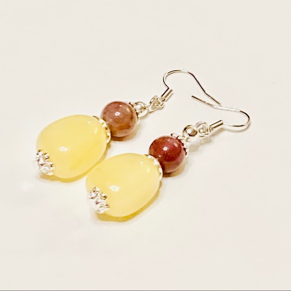 Light Yellow Jadeite & Brown Indian Agate Stone Drop Boho Style Earrings - Picture 4 of 9